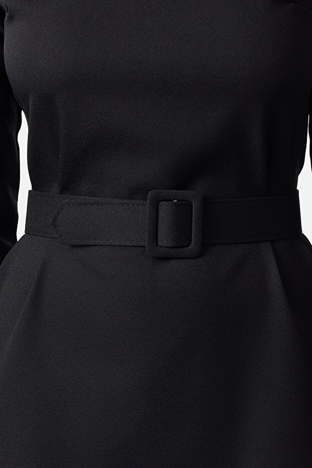 Siyah Shift/Düz Kesim Kemerli Mini Dokuma Elbise TWOAW25EL00190 - 4
