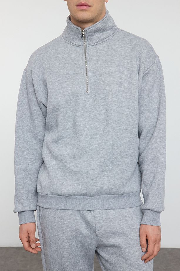 Gri Melanj Oversize/Geniş Kesim Dik Yaka Fermuarlı Eşofman Takımı TMNAW25EM00001 - 3