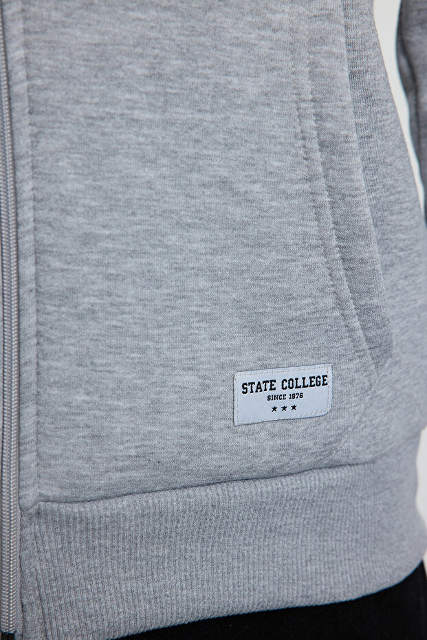 Gri Melanj Regular Fit Kapüşonlu Fermuarlı Etiket Aplikeli Kalın Sweatshirt TMNAW23SW00172 - 4