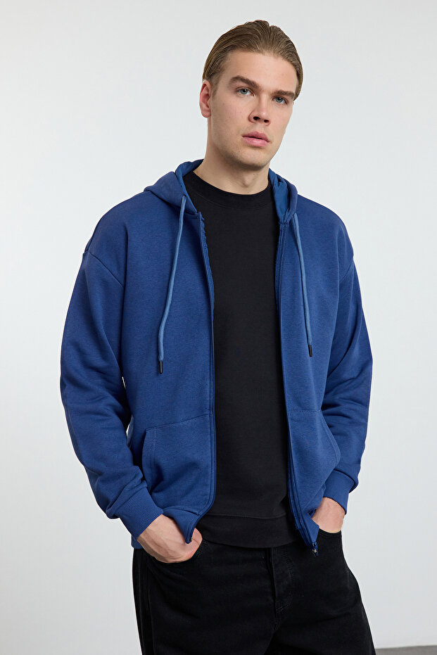 Indigo Oversized /Wide Cut Hooded Zipper Thick Basic Sweatshirt-Cardigan Tmnaw22Sw0620
