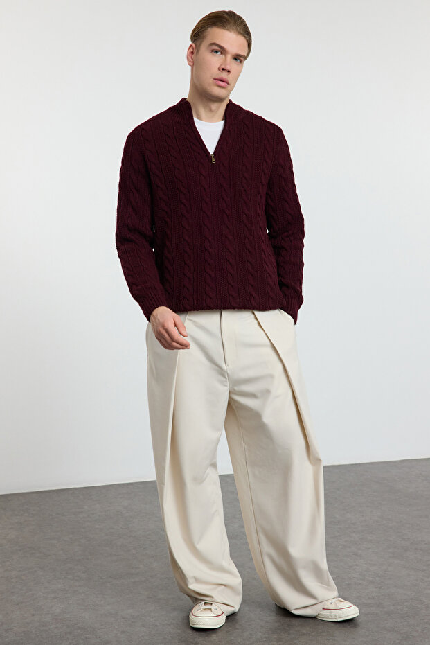 Bordo Unisex Fermuarlı Yarım Balıkçı Saç Örgü Triko Kazak TMNAW21KZ0737