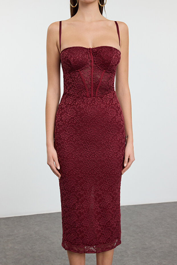 Bordo Astarlı Dantel Örme Midi Abiye Gece Mezuniyet Elbisesi TPRAW25EL00120 - 6