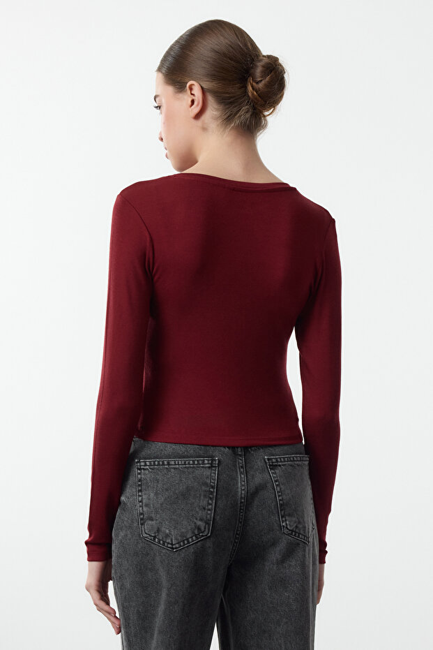 Siyah-Bordo İkili Paket Viskon/Yumuşak Kumaşlı Crop Fitted/Vücuda Oturan Örme Bluz TWOAW25BZ00061 - 5