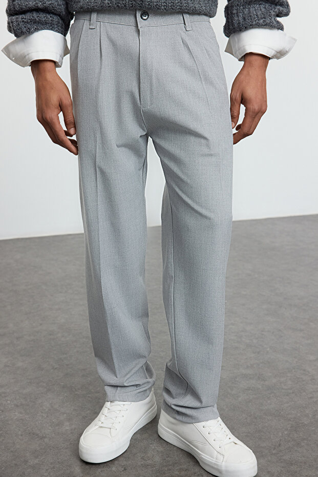 Gri Pileli Klasik Baggy Fit Kumaş Pantolon TMNSS24PL00024 - 1