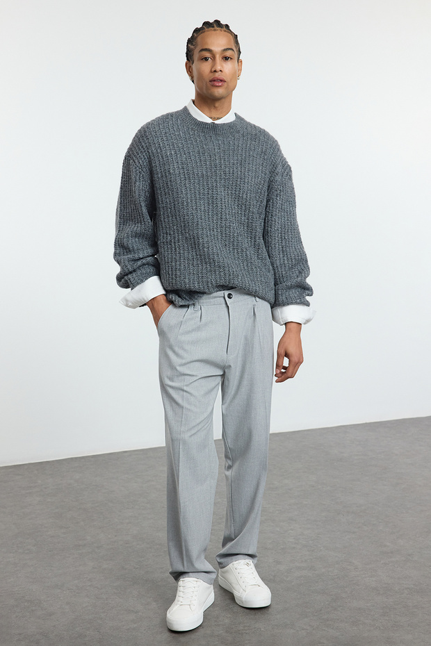 Gri Pileli Klasik Baggy Fit Kumaş Pantolon TMNSS24PL00024 - 2