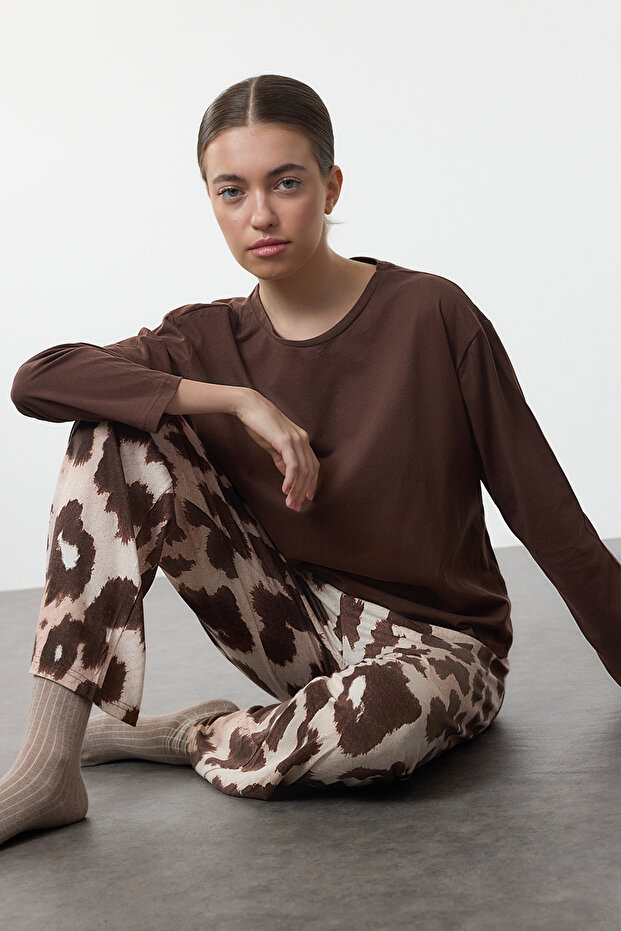 Kahverengi Leopar Desenli Örme Pijama Takımı THMAW25PT00100 - 2