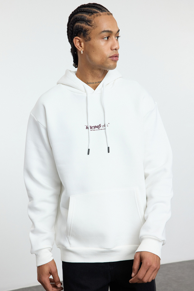 Ekru Oversize/Geniş Kesim Kapüşonlu Sırt Baskılı İçi Polar/Sıcak Tutan Sweatshirt TMNAW25SW00077 - 2
