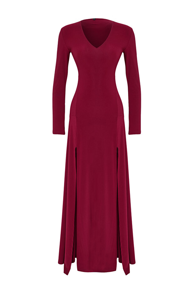 Bordo Düz V Yaka Skater/Belden Açılan Esnek Maxi Örme Elbise TWOAW25EL00299 - 8