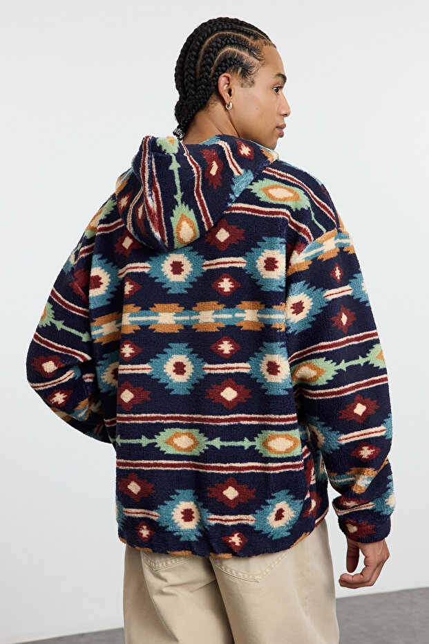 Lacivert Unısex Oversize/Geniş Kesim Desenli Şerpa Polar/Peluş Kapüşonlu Sweatshirt TMNAW25SW00147 - 5
