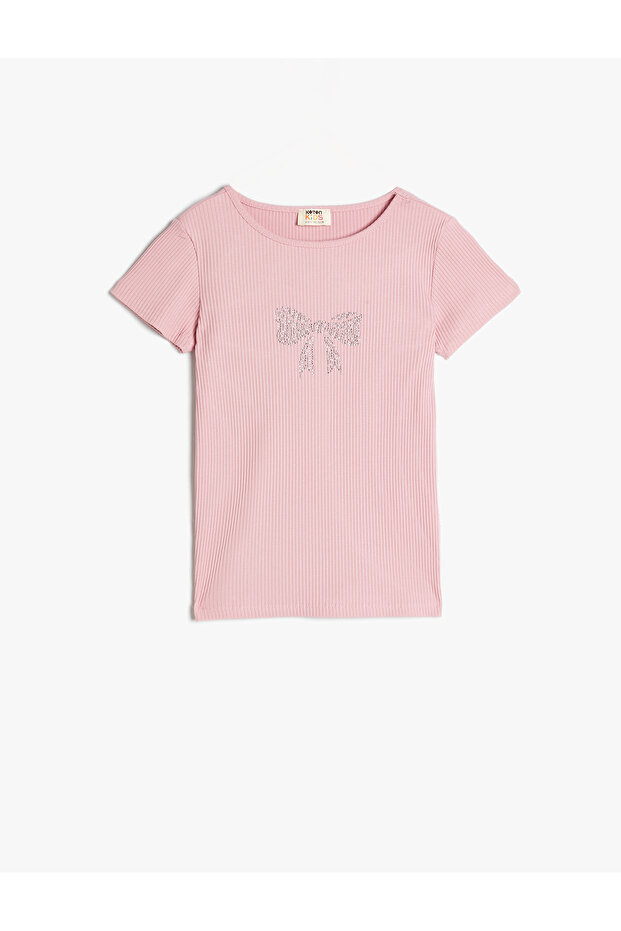 T-Shirt with Bowknot Print and Sequin Detail, Short Sleeve, Crew Neck, Cotton