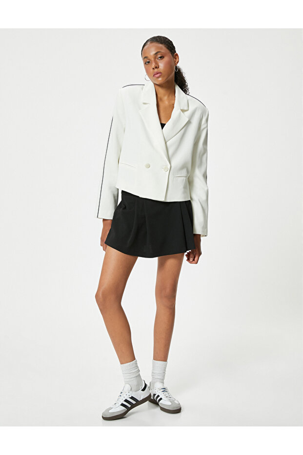 Blazer Jacket with Ribbed Double-Breasted Collar and Buttons, Viscose Fabric