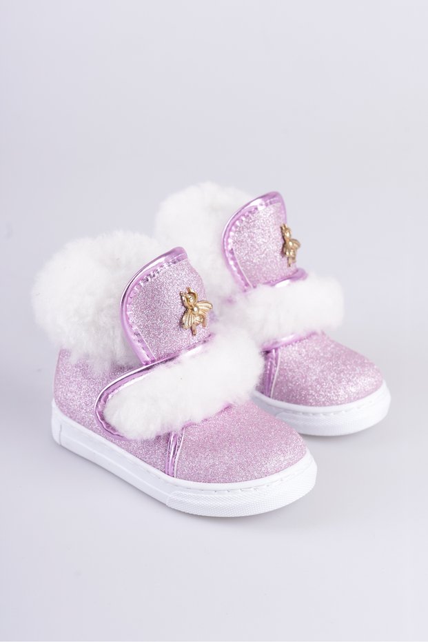 Pink Glittery Furry Bee Detailed Velcro Non-Slip Sole Girl's Boots