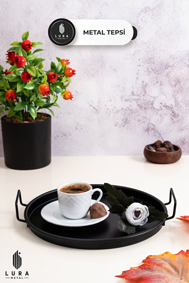 Black Metal Coffee Presentation Tea Tray 25 cm - Stylish and Modern Design