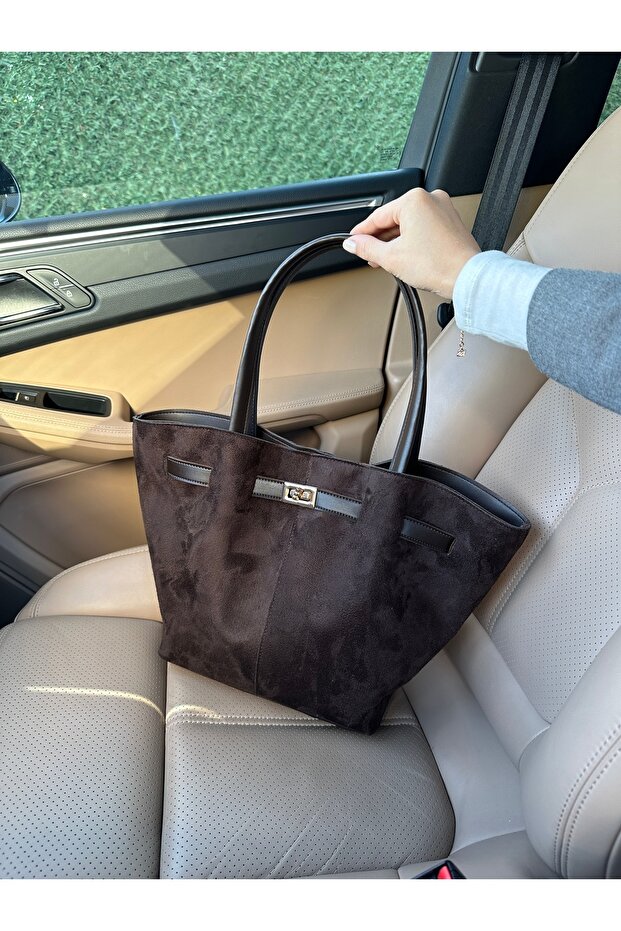 Women's Bitter Brown Suede Leather Hand and Shoulder Bag with Magnet Closure and Lock Detail