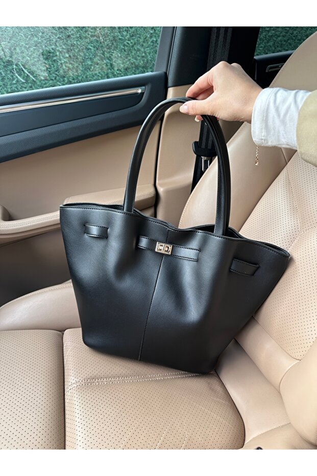 Women's Black Leather Hand and Shoulder Bag with Magnet Closure and Lock Detail