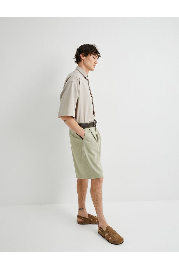 Kumaş Şort Oversize Pileli Chino Düğmeli Cep Detaylı - 2