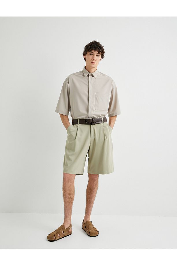 Kumaş Şort Oversize Pileli Chino Düğmeli Cep Detaylı - 1