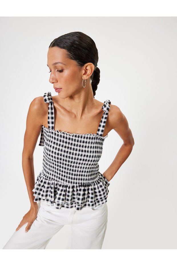 Square Neck Tie Detailed - Ruffled Sleeveless Blouse Gingham Slim Fit