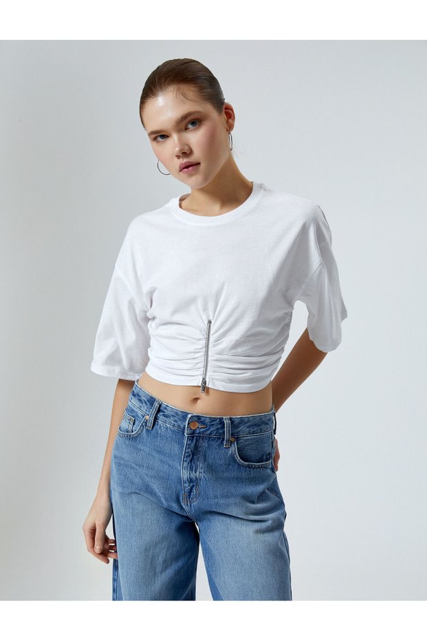 Crop Draped T-Shirt Zipper Detailed Short Sleeve Crew Neck Cotton