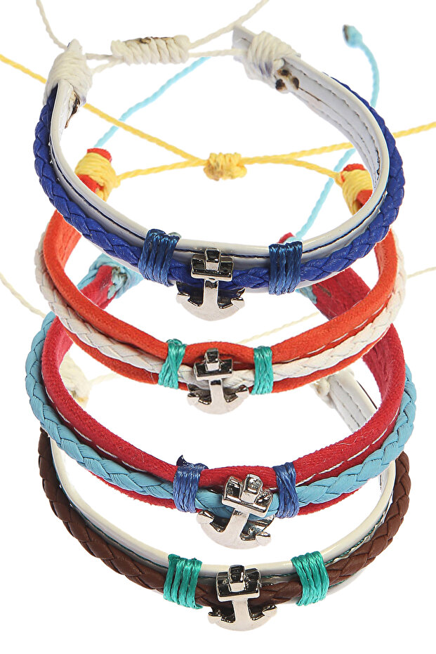 Adjustable Size Leather Unisex Quadruple Bracelet Bundle with Lanyard Detail