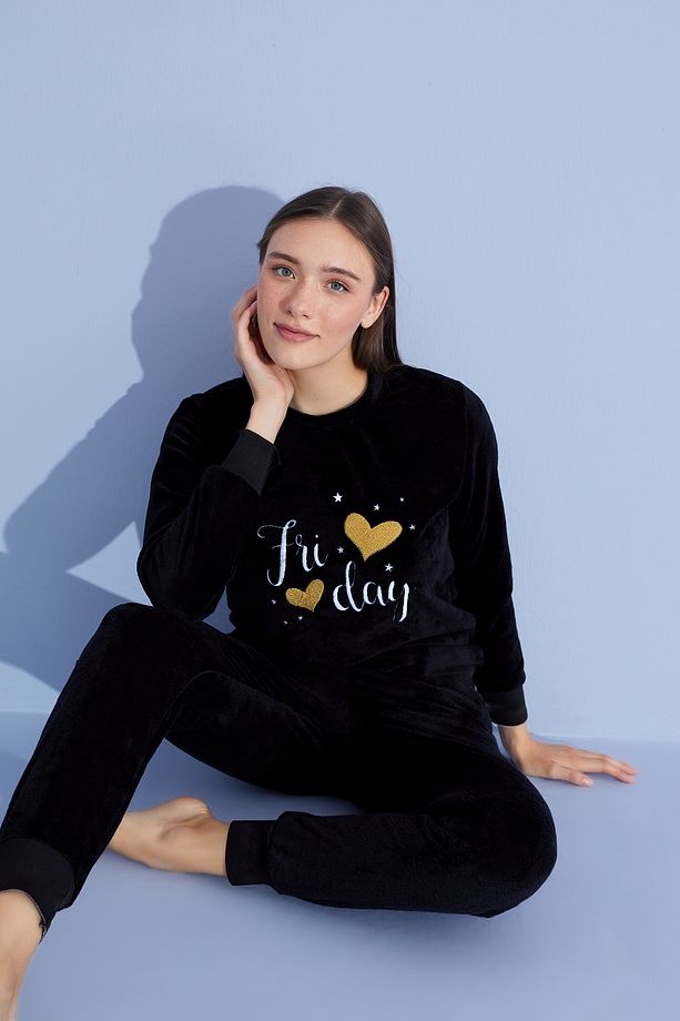 Kadın Bisiklet Yaka Uzun Kollu Yumuşak Dokulu Ultra Soft Kışlık Pijama Takımı - 1