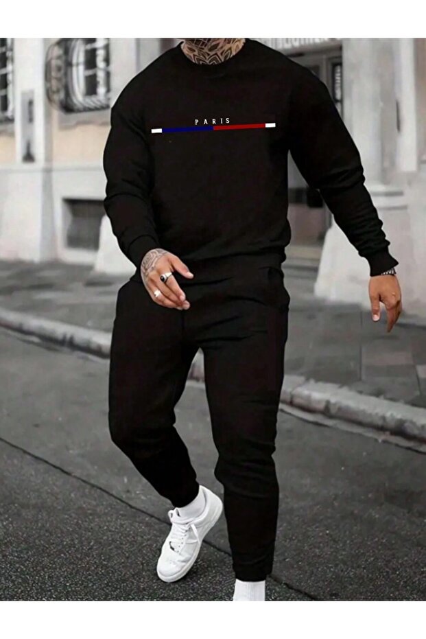 Men's Black Paris Stripe Printed Oversize Tracksuit Set