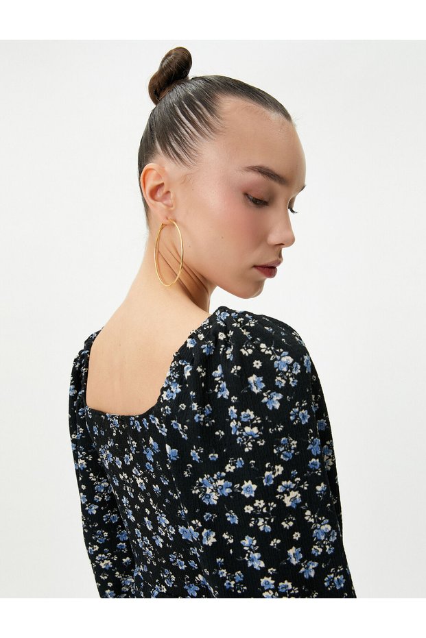 Midi Floral Dress Slit Detailed Long Sleeve Lacing Detailed Square Collar