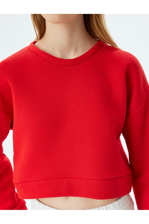 Crop Spor Oversize Sweatshirt Basic Bisiklet Yaka Şardonlu - 6
