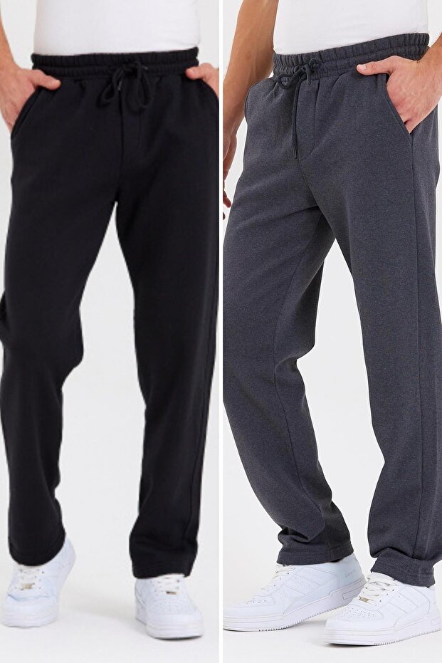 Black-anthracite Back Pocket Label Detailed Straight Leg Men's Cotton 2-Piece Sweatpants Pack