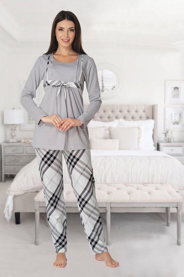 Women's Gray Long Sleeve Plaid Maternity Maternity Pajamas Suit