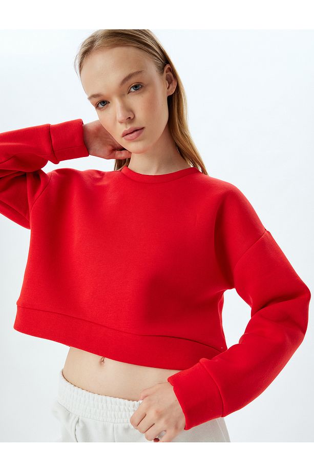 Crop Spor Oversize Sweatshirt Basic Bisiklet Yaka Şardonlu - 1
