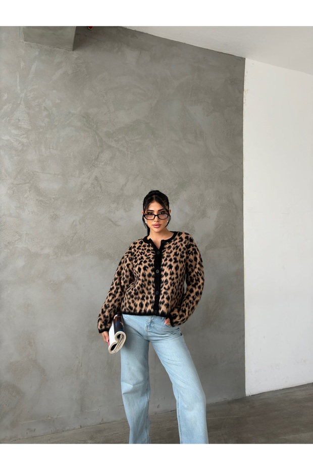 سترة صوفية بنمط الفهد البني للنساء - 7