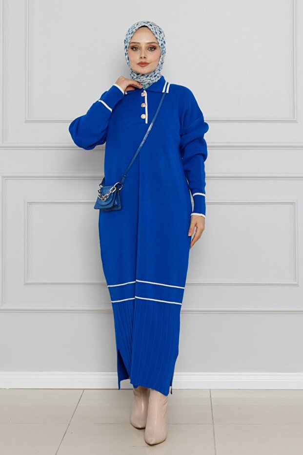 Polo Collar Slit Knit Dress-Sax Blue