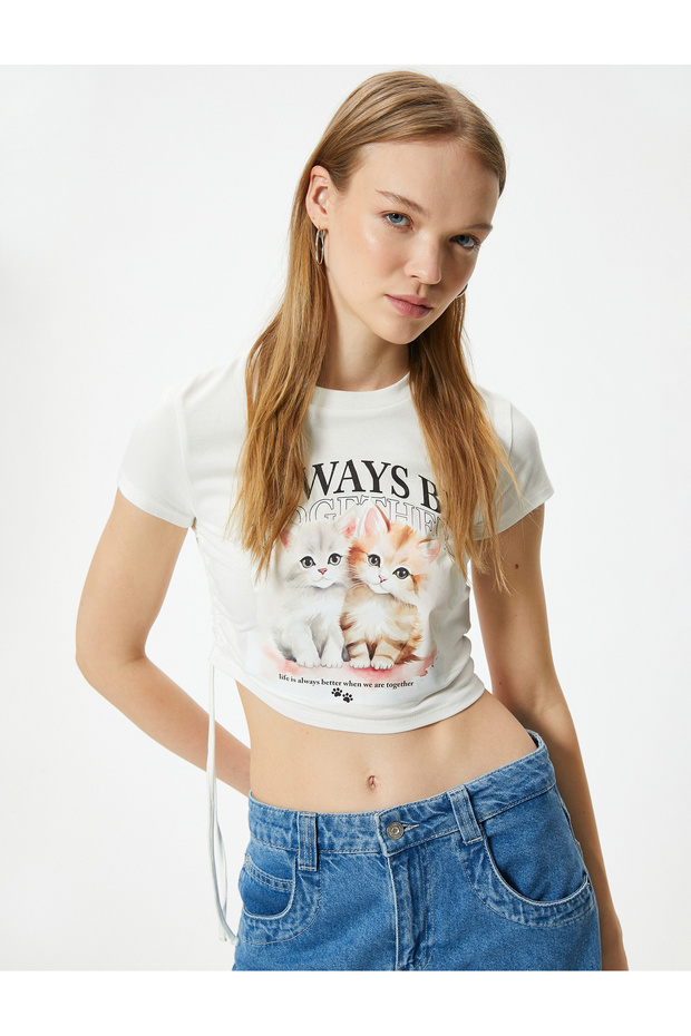 Cat Printed Slim Fit Crew Neck Crop T-Shirt - Short Sleeve