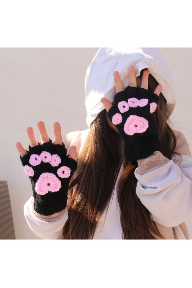 El Yapımı Siyah Patili Kore Tarzı Eldiven Parmaksız Model Kışlık - 3