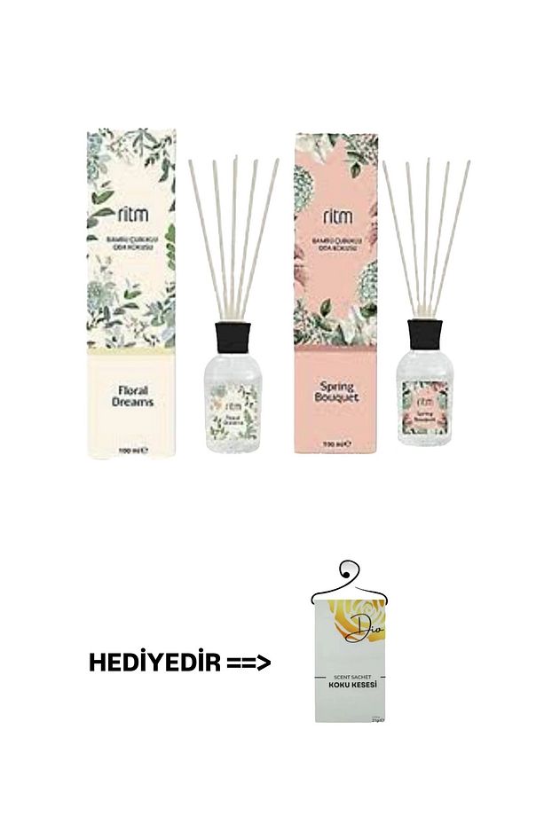Floral Dreams ve Spring Bouquet Reed Diffuser Çubuklu Oda Kokusu 2x100ml & Dio Koku Kesesi Hediye - 1