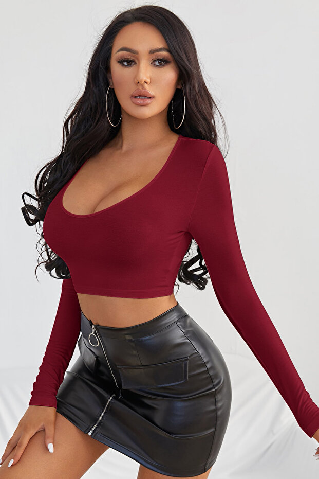 Kadın Bordo Uzun Kol Kare Yaka Crop Top Bluz - 3