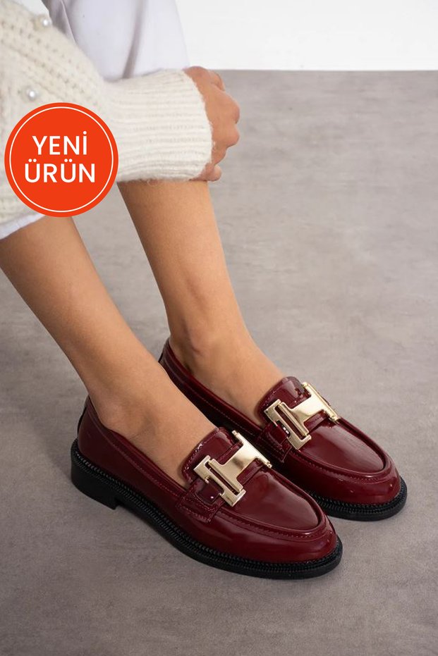 Women's Burgundy Patent Leather Daily Comfortable Casual Classic Loafer Shoes with Kalvaniz Buckle