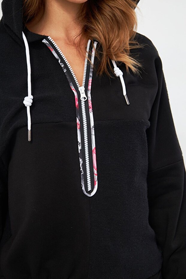 KAPÜŞONLU BASIC SİYAH SWEATSHIRT - 5