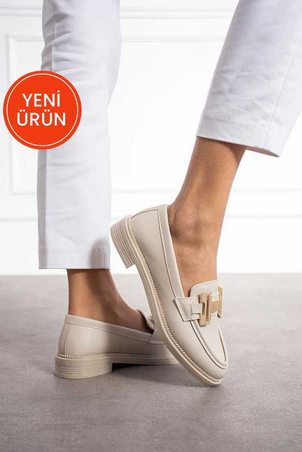 Women's Cream Skin Daily Comfortable Casual Classic Loafer Shoes with Kalvaniz Buckle