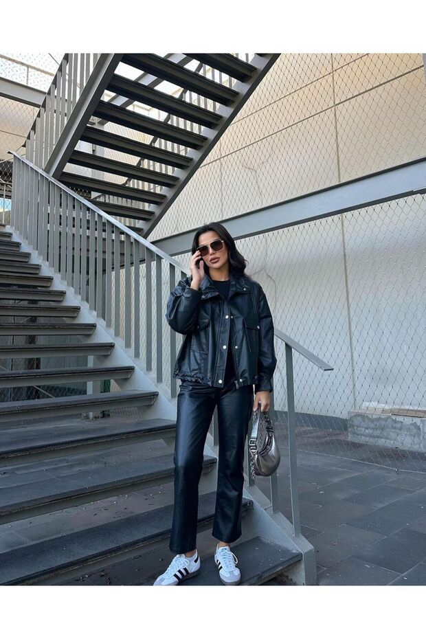 Black Leather Jacket - Women'S, Double Pockets and Snaps
