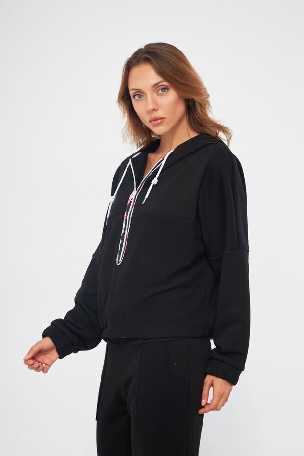 KAPÜŞONLU BASIC SİYAH SWEATSHIRT - 3