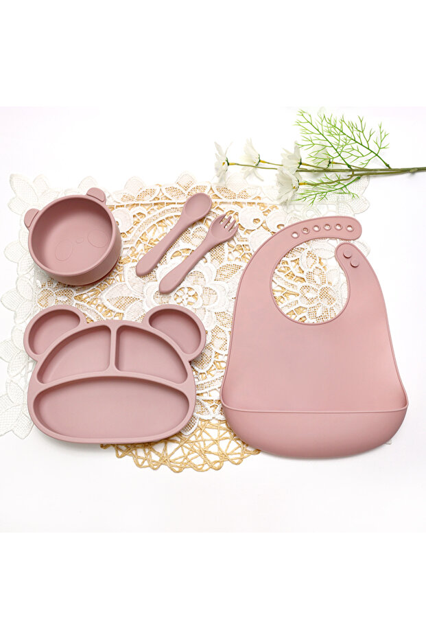 5 Piece 100% Silicone Baby Feeding Set (Vacuum Plate and Bowl-Fork-Spoon-Feeding Bib)Pink
