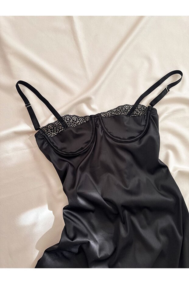 E D D E Black Satin Mini Elbise Gecelik - 5