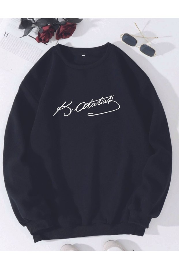 10 November Ataturk Printed Crew Neck Oversize Black and White Sweatshirt