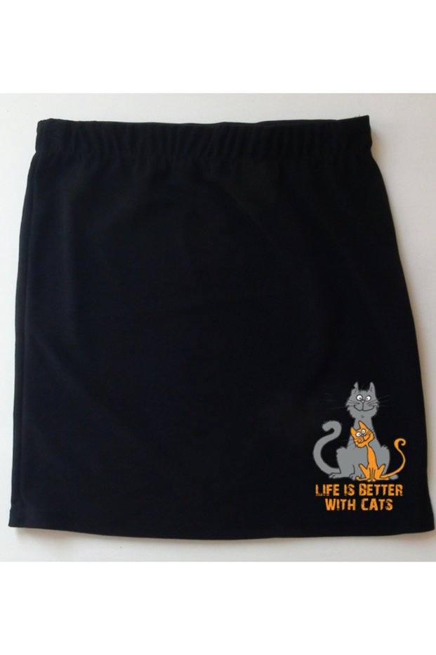 Cats Above-Knee Skirt / Black / Denim Texture