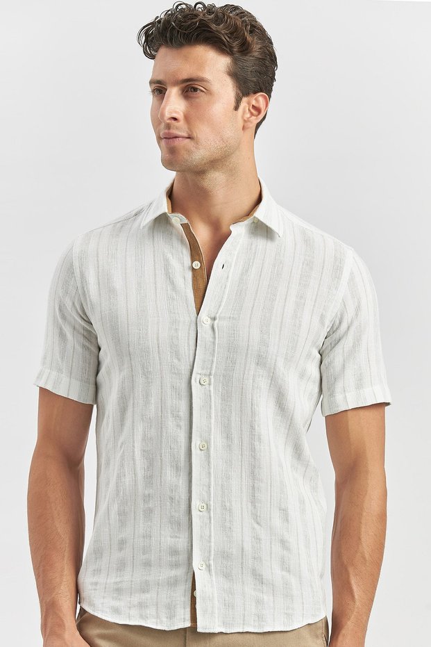 Men's Beige Short Sleeve Striped Cotton Slim Fit Shirt 1004240245