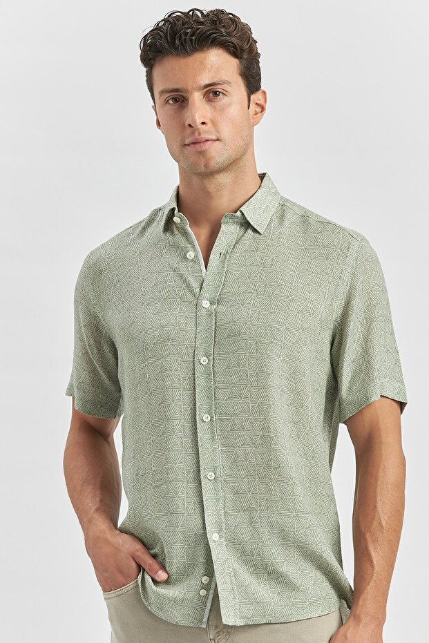 Men's Dark Green Short Sleeve Buttoned Collar Piping Linen Slim Fit Shirt 1004240242