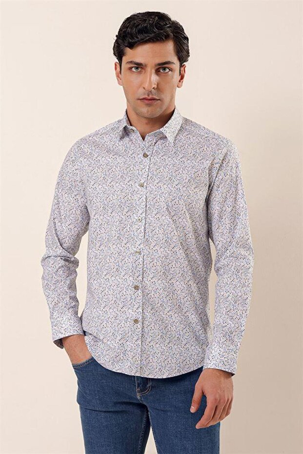 Men's Blue Long Sleeve Printed Hard Collar Cotton Lycra Slim Fit Shirt 1004230135