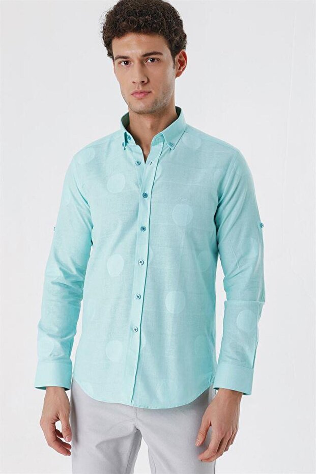 Men's Light Green Short Sleeve Patterned Jacquard 100% Cotton Slim Fit Shirt 1004230183